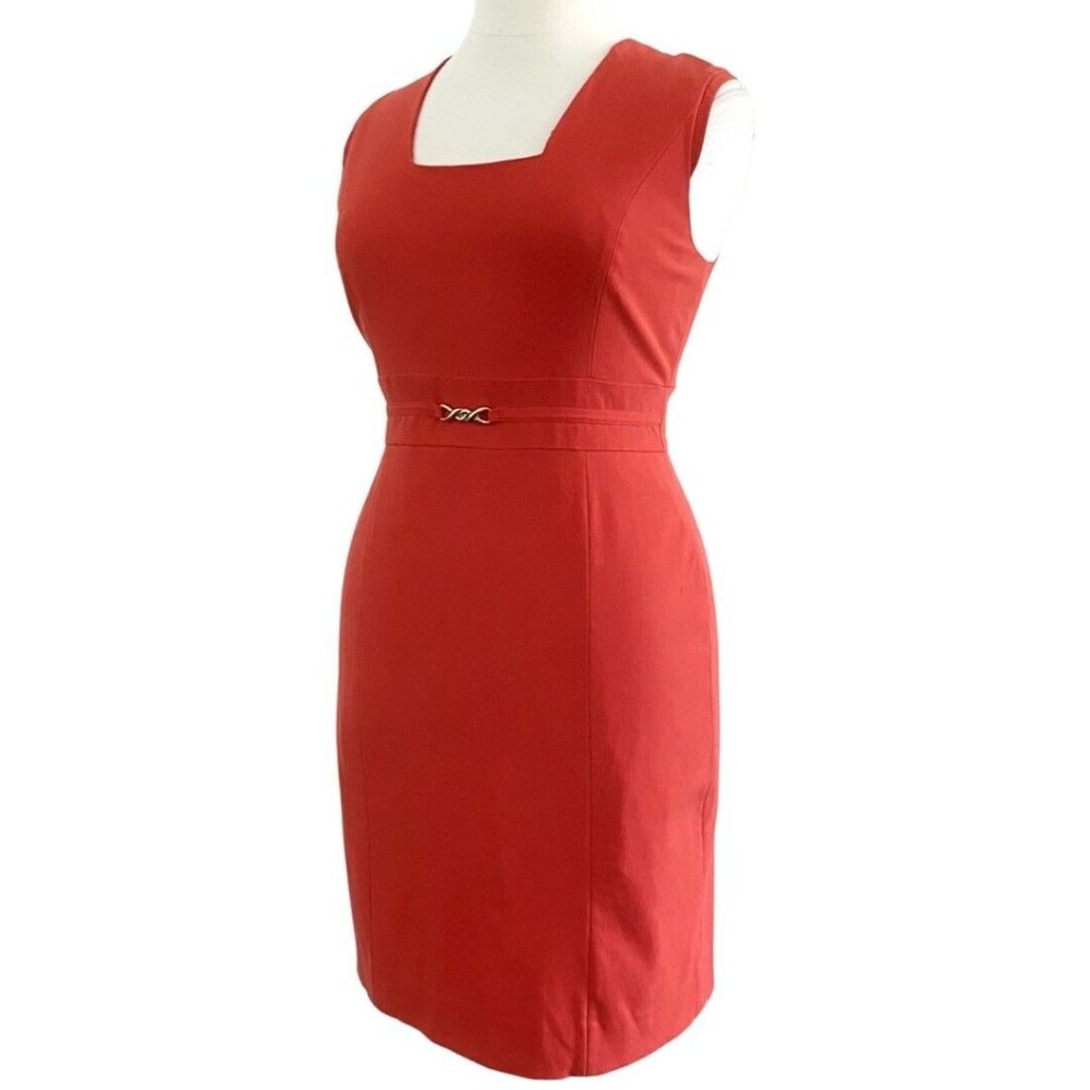 Tahari Sleeveless Square Neck Buckle Waist Ferrari Red Woven Dress Size 14 - Picture 3 of 7